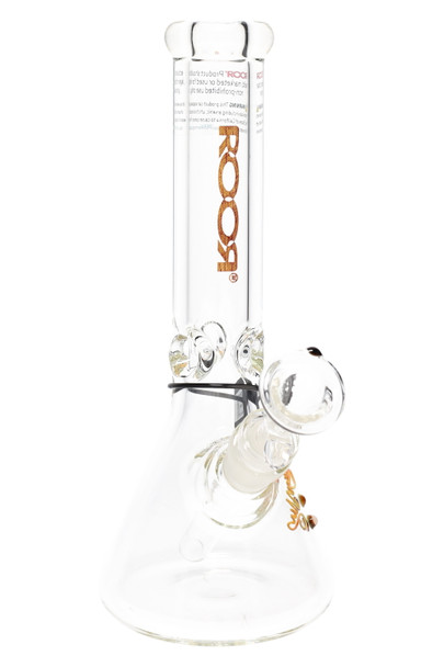 ROOR 10" clear beaker for wholesale, wood-grain logo decal, 40 mm tube with ice pinch and 18.8 mm GoG joint; front angle studio shot shows slide and base. ROOR 10" clear beaker for wholesale, wood-grain logo decal, 40 mm tube with ice pinch and 18.8 mm GoG joint; front angle studio shot shows slide and base.