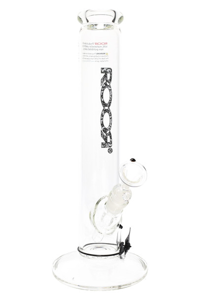 ROOR Zumo 14" clear straight tube for wholesale, lace-pattern black logo decal, 60 mm body with 18.8 mm GoG joint and pinched mouthpiece, front angle. ROOR Zumo 14" clear straight tube for wholesale, lace-pattern black logo decal, 60 mm body with 18.8 mm GoG joint and pinched mouthpiece, front angle.