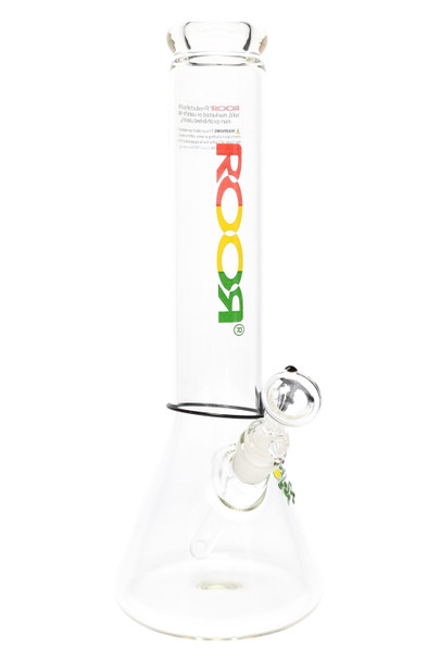 ROOR Zeaker 14" clear beaker with rasta decal, 60 mm tube and 18.8 mm GoG joint; front angle studio shot for wholesale head-shop listings. ROOR Zeaker 14" clear beaker with rasta decal, 60 mm tube and 18.8 mm GoG joint; front angle studio shot for wholesale head-shop listings.
