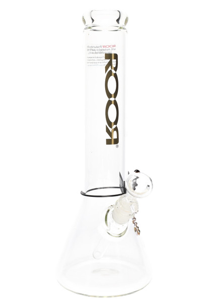 ROOR Zeaker 14" clear beaker, gold logo variant, 5 mm borosilicate with pinched mouthpiece and downstem; catalog front view for retail smoke gear. ROOR Zeaker 14" clear beaker, gold logo variant, 5 mm borosilicate with pinched mouthpiece and downstem; catalog front view for retail smoke gear.
