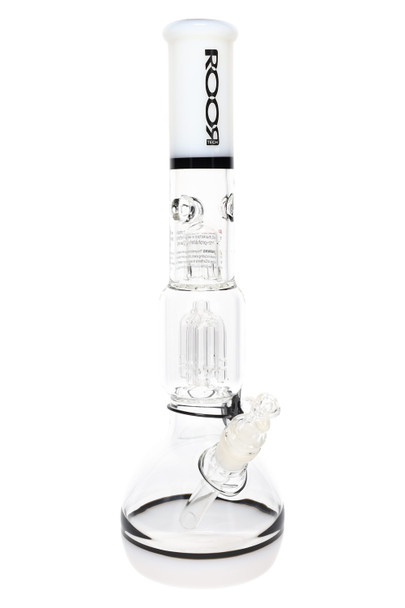 ROOR Tech 14" bubble-base beaker for wholesale, white/black accents with black logo, 4-arm tree perc, ice pinch and 18.8 mm GoG joint, studio front view. ROOR Tech 14" bubble-base beaker for wholesale, white/black accents with black logo, 4-arm tree perc, ice pinch and 18.8 mm GoG joint, studio front view.