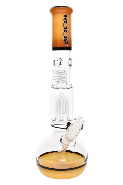 ROOR Tech 14" bubble-base beaker, tangie/black accents with black/white logo, ice pinch above four-arm tree perc; catalog-style front angle for wholesalers. ROOR Tech 14" bubble-base beaker, tangie/black accents with black/white logo, ice pinch above four-arm tree perc; catalog-style front angle for wholesalers.