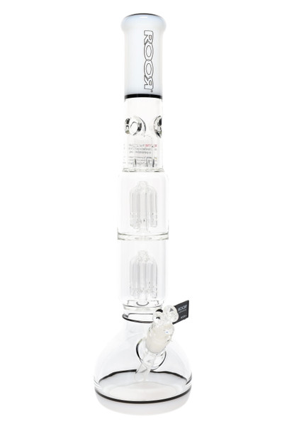 ROOR Tech 18" bubble-base beaker, white/black accents with matching logo, stereo tree percs, splash guard and ice pinch, head-shop product photo on white. ROOR Tech 18" bubble-base beaker, white/black accents with matching logo, stereo tree percs, splash guard and ice pinch, head-shop product photo on white.