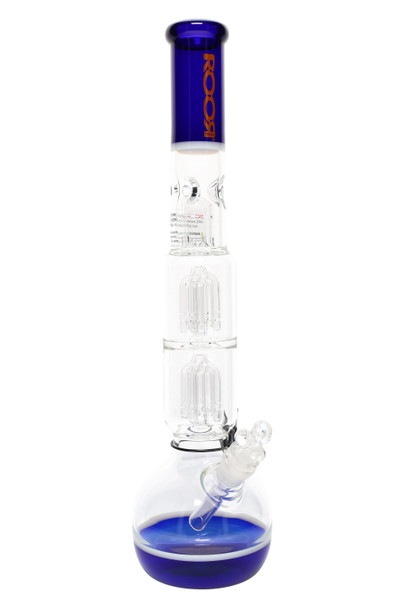 ROOR Tech 18" bubble-base beaker for wholesale, blue/white accents with orange logo, dual tree percs and ice pinch, 18.8 mm joint, front angle on white. ROOR Tech 18" bubble-base beaker for wholesale, blue/white accents with orange logo, dual tree percs and ice pinch, 18.8 mm joint, front angle on white.