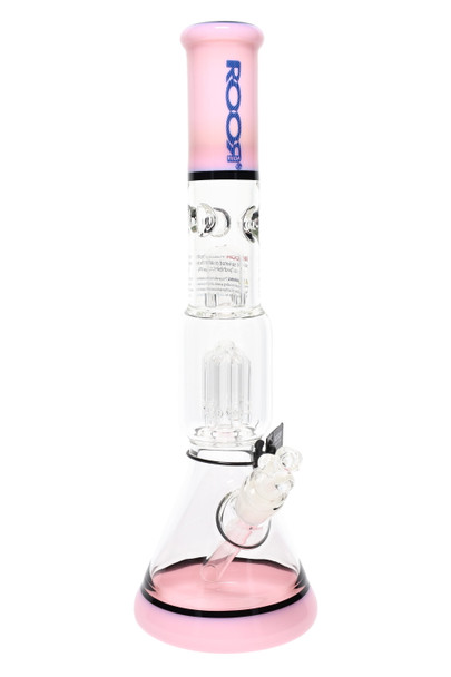 ROOR Tech 14" multicolor beaker, pink/black accents with blue logo, 4-arm tree perc, ice pinch and 18.8 mm GoG joint; studio angle for wholesale listings. ROOR Tech 14" multicolor beaker, pink/black accents with blue logo, 4-arm tree perc, ice pinch and 18.8 mm GoG joint; studio angle for wholesale listings.