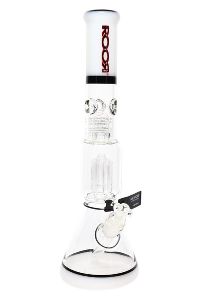 ROOR Tech 14" beaker, white/black accents with red logo, clear borosilicate, tree perc and ice catcher; front view for head-shop product pages. ROOR Tech 14" beaker, white/black accents with red logo, clear borosilicate, tree perc and ice catcher; front view for head-shop product pages.