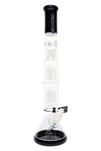 ROOR Tech 17" multicolor beaker for wholesale, black & white variant, dual tree percs with ice pinch and 18.8 mm joint, clear studio front angle. ROOR Tech 17" multicolor beaker for wholesale, black & white variant, dual tree percs with ice pinch and 18.8 mm joint, clear studio front angle.