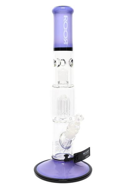 Purple & black ROOR Tech 15" straight tube, white logo, tree perc with splash guard and ice catcher, clear borosilicate, head-shop catalog front view. Purple & black ROOR Tech 15" straight tube, white logo, tree perc with splash guard and ice catcher, clear borosilicate, head-shop catalog front view.