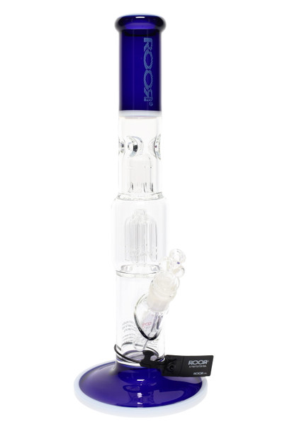 Blue & white ROOR Tech 15" straight tube, patterned “Too Blue” logo, 5 mm glass with tree perc and 14.5 mm bowl, clean front angle for retail smoke gear. Blue & white ROOR Tech 15" straight tube, patterned “Too Blue” logo, 5 mm glass with tree perc and 14.5 mm bowl, clean front angle for retail smoke gear.