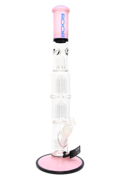 ROOR Tech 17" multicolor straight tube, pink/black with blue logo, stacked tree percs and ice pinch, GoG setup shown, studio product photo for head-shops. ROOR Tech 17" multicolor straight tube, pink/black with blue logo, stacked tree percs and ice pinch, GoG setup shown, studio product photo for head-shops.