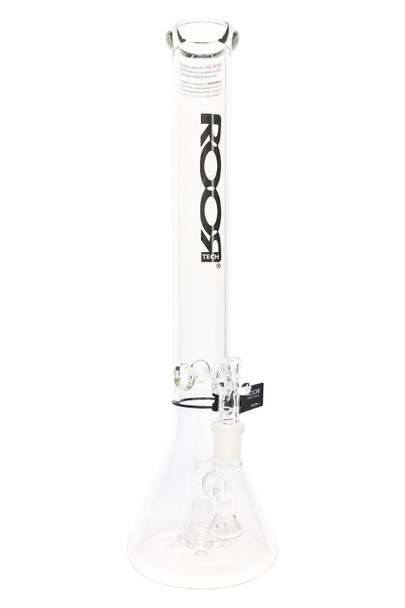 ROOR Tech 18" stemless beaker, bold black decal variant, showerhead perc with 18.8 mm GoG joint, retail smoke gear image on white background. ROOR Tech 18" stemless beaker, bold black decal variant, showerhead perc with 18.8 mm GoG joint, retail smoke gear image on white background.