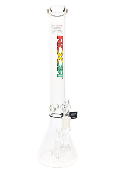 ROOR Tech 18" beaker, rasta color logo, ice pinch above stemline showerhead perc, 50 mm tube and round base, clean studio product shot. ROOR Tech 18" beaker, rasta color logo, ice pinch above stemline showerhead perc, 50 mm tube and round base, clean studio product shot.