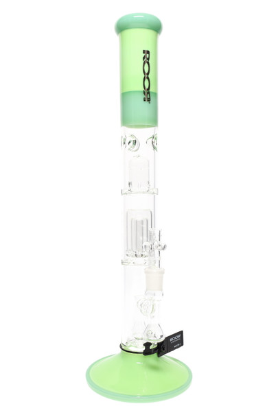 ROOR Tech 18" stemless straight tube for wholesale, mint/light green accents, 5 mm glass with dome, barrel and showerhead percs, studio front angle. ROOR Tech 18" stemless straight tube for wholesale, mint/light green accents, 5 mm glass with dome, barrel and showerhead percs, studio front angle.