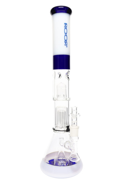 White/blue ROOR Tech 18" multicolor beaker, patterned blue logo, 5 mm glass with stacked percs and ice catcher; catalog-style image for B2B resale. White/blue ROOR Tech 18" multicolor beaker, patterned blue logo, 5 mm glass with stacked percs and ice catcher; catalog-style image for B2B resale.
