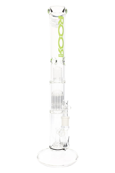 ROOR Tech 18" clear straight tube, green decal, 50 mm tube with dome, tree and showerhead percs; GoG 18.8 mm joint shown, retail smoke-gear photo. ROOR Tech 18" clear straight tube, green decal, 50 mm tube with dome, tree and showerhead percs; GoG 18.8 mm joint shown, retail smoke-gear photo.