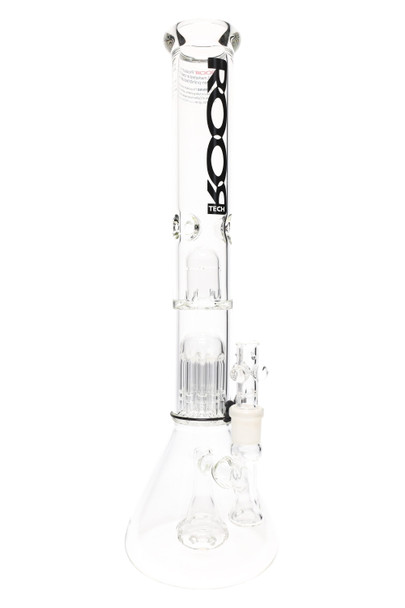 ROOR Tech 18" clear stemless beaker for wholesale, black decal, dome + 10-arm tree + showerhead percs with ice pinch, 50 mm body, studio front angle. ROOR Tech 18" clear stemless beaker for wholesale, black decal, dome + 10-arm tree + showerhead percs with ice pinch, 50 mm body, studio front angle.