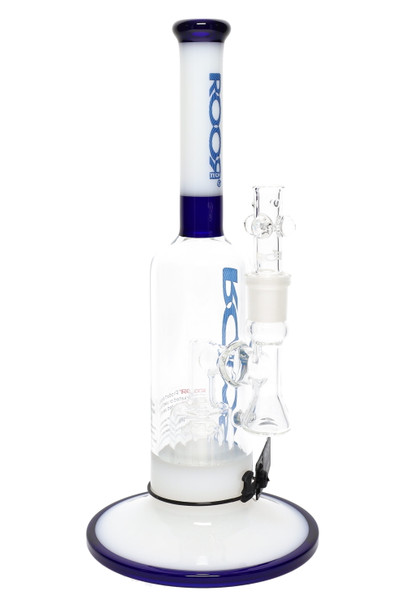 ROOR Tech 12" stemless straight tube in white/blue, barrel perc and 18.8 mm joint, round base; studio angle for wholesale head-shop listings. ROOR Tech 12" stemless straight tube in white/blue, barrel perc and 18.8 mm joint, round base; studio angle for wholesale head-shop listings.