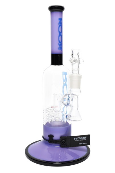 ROOR Tech 12" multicolor straight tube in purple/black with blue decal, compact barrel perc and reinforced joint; front view for retail smoke-gear pages. ROOR Tech 12" multicolor straight tube in purple/black with blue decal, compact barrel perc and reinforced joint; front view for retail smoke-gear pages.