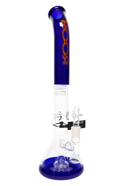 Deep blue ROOR Tech 18" bent-neck stemless beaker, orange decal, showerhead perc with ice catcher; product angle for B2B resale. Deep blue ROOR Tech 18" bent-neck stemless beaker, orange decal, showerhead perc with ice catcher; product angle for B2B resale.