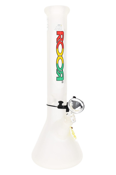 14" frosted ROOR beaker with rasta logo, 5 mm glass and ice pinch, 45 mm tube, angled studio view for wholesale product listings. 14" frosted ROOR beaker with rasta logo, 5 mm glass and ice pinch, 45 mm tube, angled studio view for wholesale product listings.