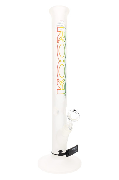 Frosted 18" ROOR straight tube for wholesale, Rasta Outline logo, 45 mm body with ice pinch and 18.8 mm GoG joint, angled studio view showing bowl and base. Frosted 18" ROOR straight tube for wholesale, Rasta Outline logo, 45 mm body with ice pinch and 18.8 mm GoG joint, angled studio view showing bowl and base.