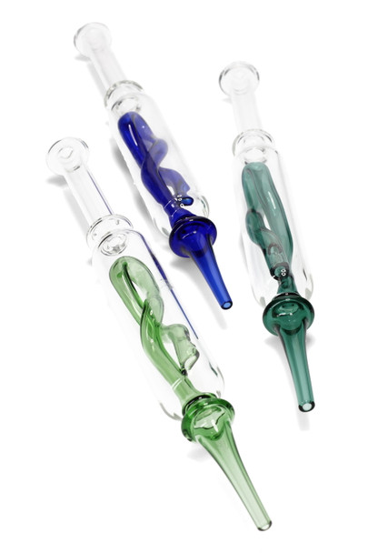 Green, blue and teal twisted inner stem glass dab straws for wholesale purchase.