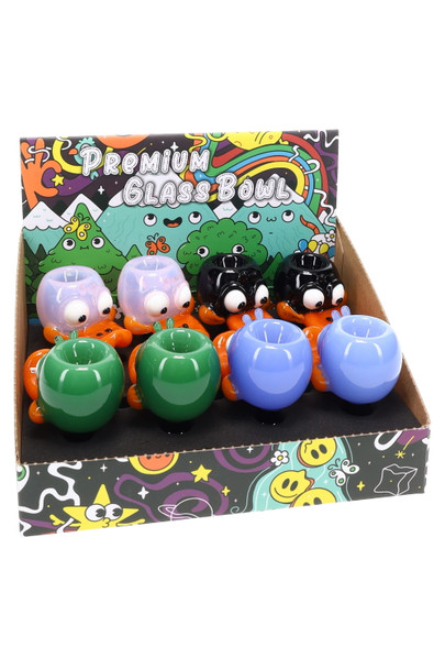 Display shot: Retail-ready display box with eight colorful duck-head glass bowls, 14.5 mm male joints, ready for smoke-shop shelves