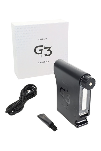 Chewy G3 black electric herb grinder set with retail box, USB-C cable and brush, wholesale-ready, three-quarter view