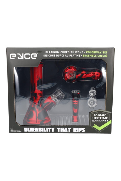 Lucifer Red Eyce Colorway boxed set with matching silicone trio and spare glass bowls; wholesale-ready presentation, front angle.