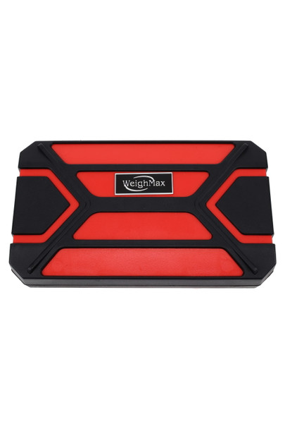 Closed red case WeighMax digital scale with a 100g capacity and 0.01g precision.