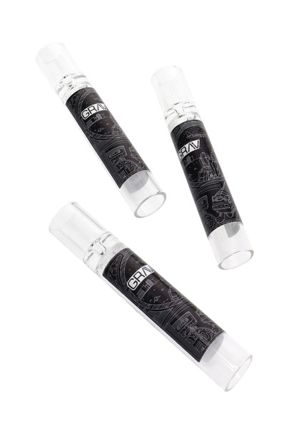 Set of three GRAV 12 mm glass taster one-hitters with black logo wraps; clear borosilicate tubes for head-shop wholesale pages. Set of three GRAV 12 mm glass taster one-hitters with black logo wraps; clear borosilicate tubes for head-shop wholesale pages.
