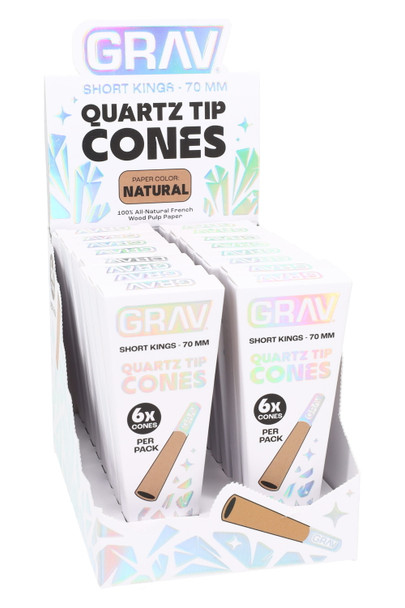 Retail smoke gear counter display, GRAV Short Kings Natural, 16 packs with 6 cones per pack, holographic header card, front view. Retail smoke gear counter display, GRAV Short Kings Natural, 16 packs with 6 cones per pack, holographic header card, front view.
