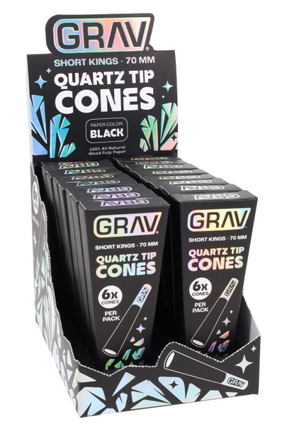 Retail display of GRAV Short Kings Black, 16 packs per box, each with 6 quartz-tip cones, shelf-ready POP, straight-on view. Retail display of GRAV Short Kings Black, 16 packs per box, each with 6 quartz-tip cones, shelf-ready POP, straight-on view.