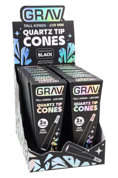 Bulk display of 16 GRAV Tall Kings quartz-tip cone packs, Black paper variant, counter-ready POP box for smoke-shop merchandising. Bulk display of 16 GRAV Tall Kings quartz-tip cone packs, Black paper variant, counter-ready POP box for smoke-shop merchandising.