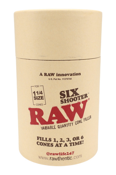 RAW Six Shooter 1 1/4 size cone filler packaging front view, variable-quantity dial callouts for wholesale displays RAW Six Shooter 1 1/4 size cone filler packaging front view, variable-quantity dial callouts for wholesale displays