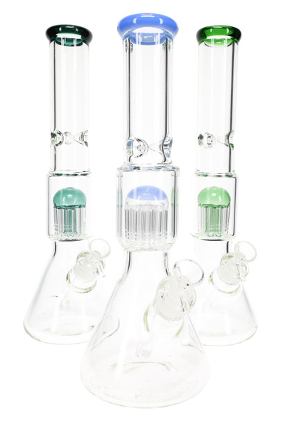 Trio of 15" clear GoG beaker water pipes with blue and green rim accents; tree percs and ice pinches visible; retail smoke gear group shot, front angle. Trio of 15" clear GoG beaker water pipes with blue and green rim accents; tree percs and ice pinches visible; retail smoke gear group shot, front angle.
