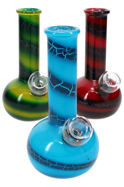 Round base beaker water pipes with blue, green and red striped design.