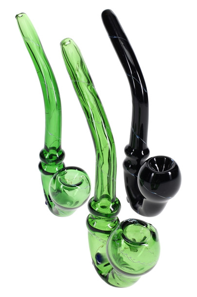 Trio of standing sherlock hand pipes in green and black glass with thin white stripes and ring accents, 7" length; upright display for wholesale head-shops. Trio of standing sherlock hand pipes in green and black glass with thin white stripes and ring accents, 7" length; upright display for wholesale head-shops.