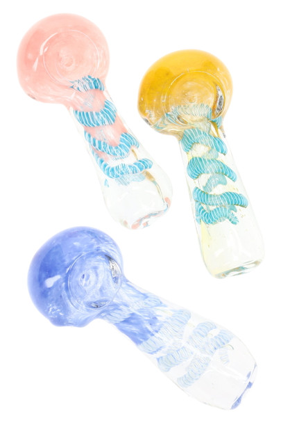 Wholesale 3-inch clear glass spoon pipe with pastel frit bowl and blue spiral stem; assorted yellow, pink, and blue colorways displayed top view