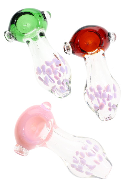Trio of 3.5" clear spoon pipes with neon dot accents, colored bowls in green/red/pink, and marble grips—studio top view for wholesale smoke-shop buyers. Trio of 3.5" clear spoon pipes with neon dot accents, colored bowls in green/red/pink, and marble grips—studio top view for wholesale smoke-shop buyers.