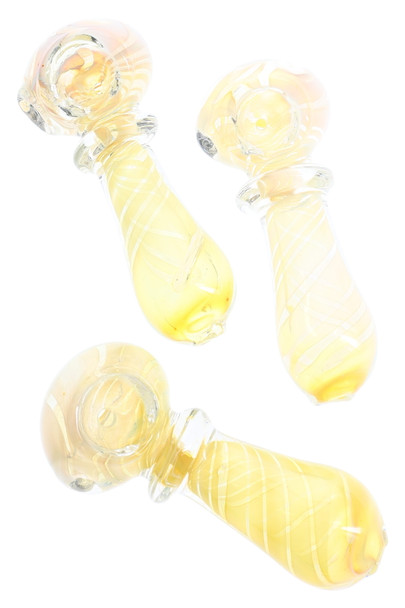 Wholesale 3-inch silver fumed color-changing glass spoon pipe with white spiral stripe and grip ring, overhead trio view on white background.
