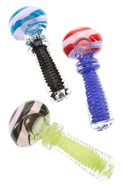 Three 4" glass spoon pipes with swirl-striped bowls and ridged frit ring handles, assorted colors; wholesale head-shop display, angled top view. Three 4" glass spoon pipes with swirl-striped bowls and ridged frit ring handles, assorted colors; wholesale head-shop display, angled top view.