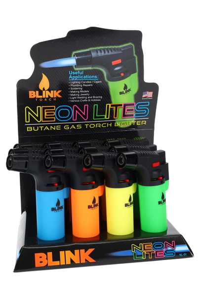 12-piece Blink Neon Lites torch lighter counter display for wholesale, assorted neon tanks; front-left angle with header card and blue flame graphic.