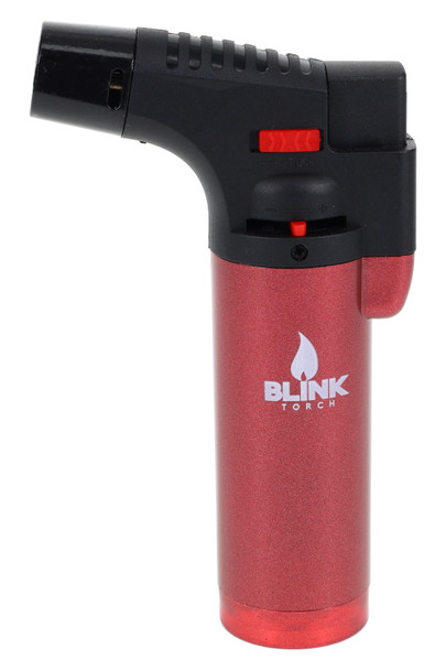 Bulk Blink Dual Metal butane torch, red/black pocket-size model with angled nozzle and flame adjuster, right-side studio view. Bulk Blink Dual Metal butane torch, red/black pocket-size model with angled nozzle and flame adjuster, right-side studio view.
