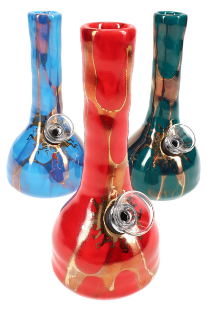 Wholesale 5‑inch ceramic mini beaker water pipes—teal, red, blue glazes with 22 k gold sun decal, clear bowl, front view.