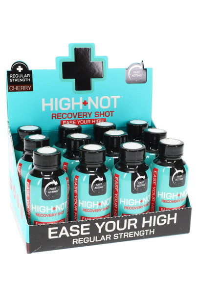 High-Not Recovery Shot 2 oz, wholesale 12-bottle display tray, Regular Strength Cherry variant, front angle branding visible. High-Not Recovery Shot 2 oz, wholesale 12-bottle display tray, Regular Strength Cherry variant, front angle branding visible.