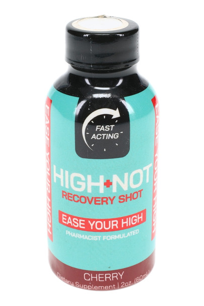 High-Not Recovery Shot 2 oz Cherry bottle, wholesale single unit, straight-on product photo with “Ease Your High” label. High-Not Recovery Shot 2 oz Cherry bottle, wholesale single unit, straight-on product photo with “Ease Your High” label.