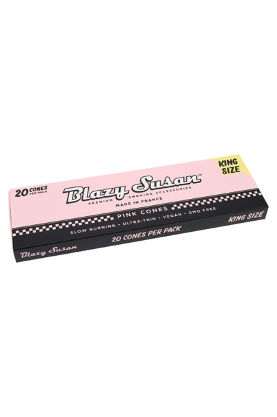 Blazy Susan King Size pink cones 20-count slide box; wholesale retail pack, angled view with “King Size” callout. Blazy Susan King Size pink cones 20-count slide box; wholesale retail pack, angled view with “King Size” callout.
