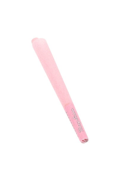 Closeup pink 1 ¼ pre-rolled cone with branded paper tip for smoke-shop buyers, paper texture visible on white background. Closeup pink 1 ¼ pre-rolled cone with branded paper tip for smoke-shop buyers, paper texture visible on white background.