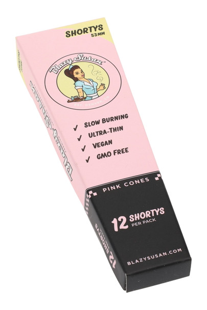 Retail 12-pack of Blazy Susan Shorty 53 mm pink cones; head-shop friendly slide-top box, angled product shot showing features Retail 12-pack of Blazy Susan Shorty 53 mm pink cones; head-shop friendly slide-top box, angled product shot showing features